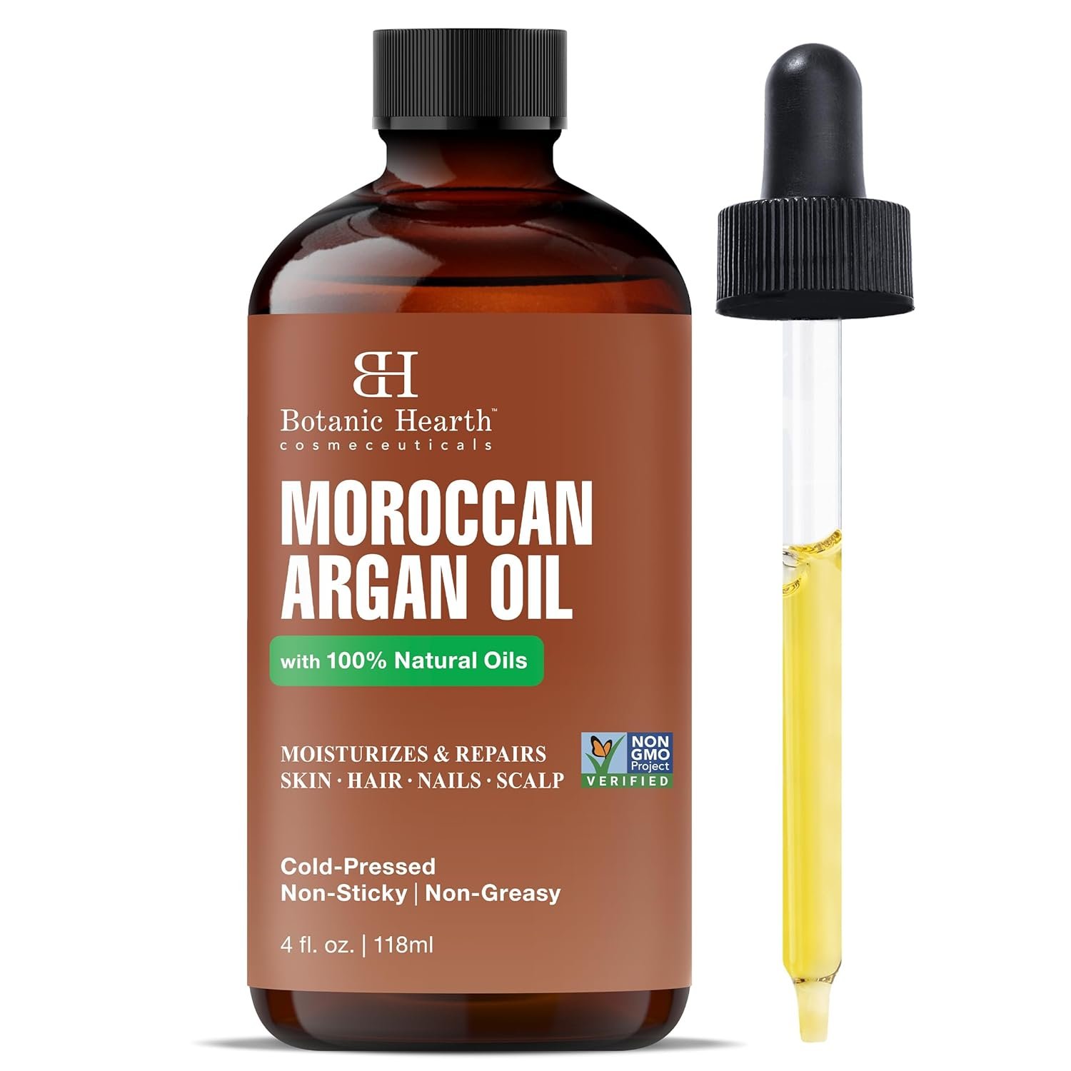 Botanic Hearth Moroccan Argan Oil for Hair & Skin | Argan Oil for Curly Frizzy Hair | Promotes Growth and Repairs Dry, Damaged Hair | Non GMO Verified | 4 fl oz