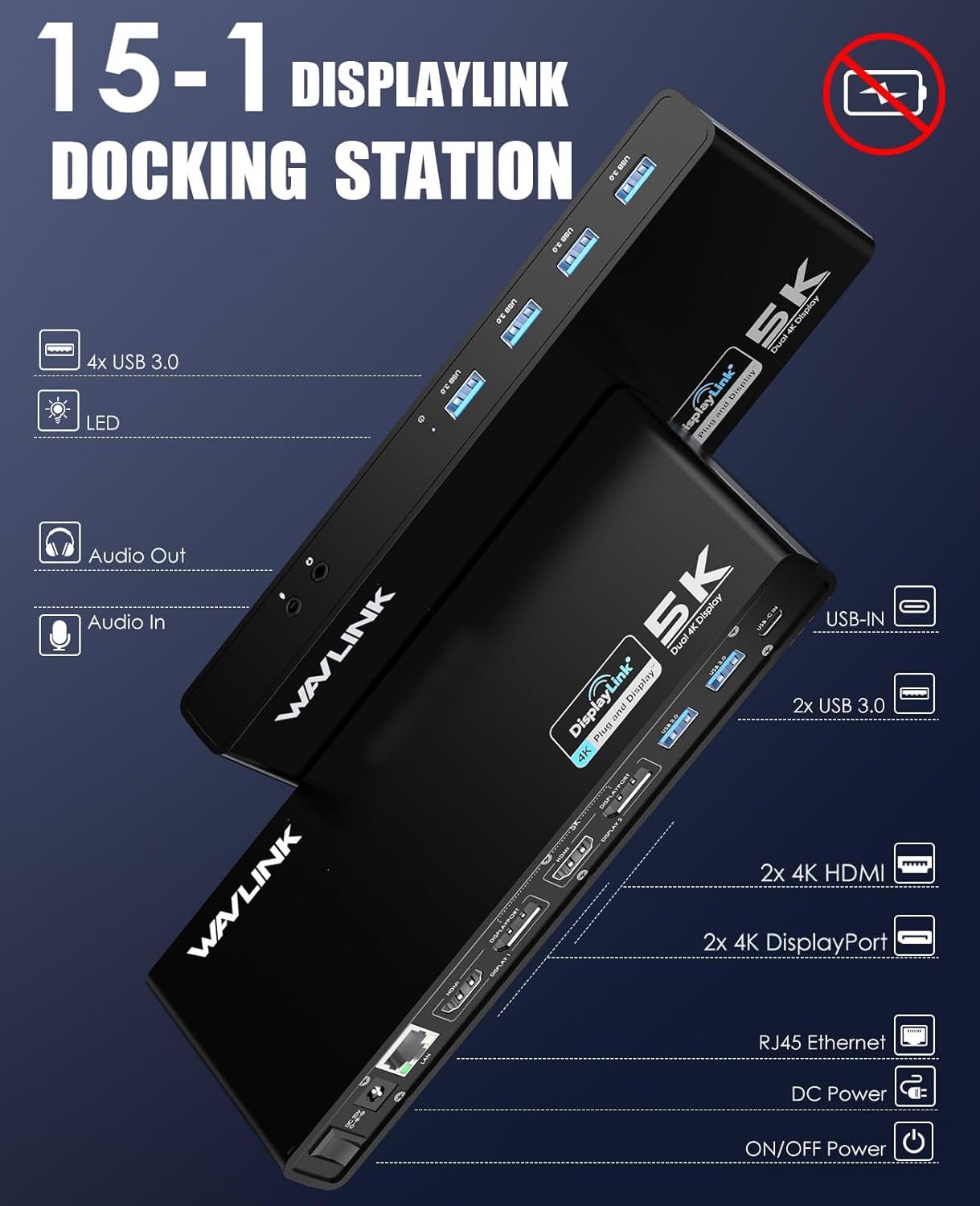 WAVLINK USB 3.0 and USB-C Dual 4K Display Laptop Docking Station,5K/Dual 4K @60Hz Docking Staion Dual Monitor for Windows, Mac(2 HDMI, 2 DP, Gigabit Ethernet, 6 USB 3.0,Audio)