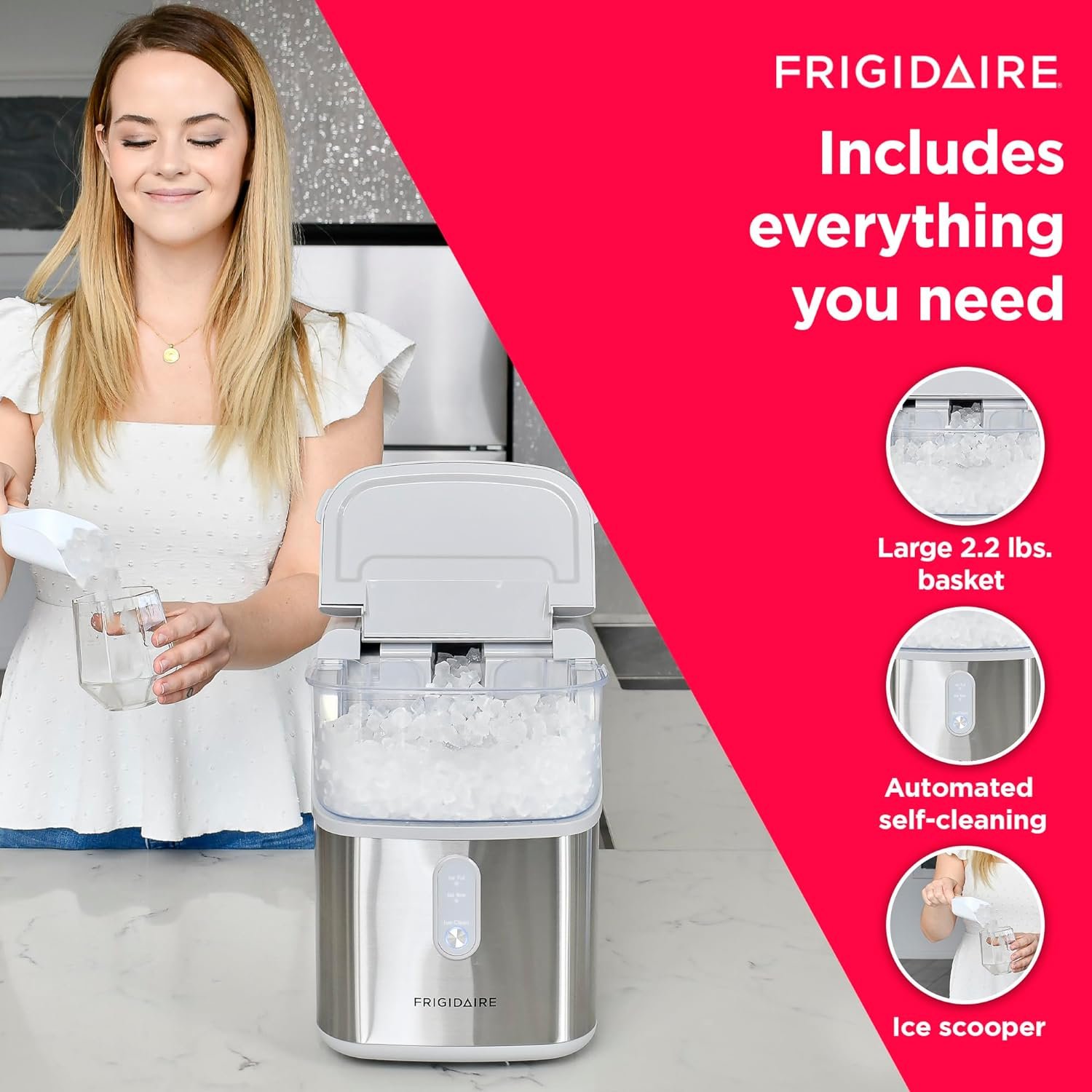 Frigidaire Countertop Crunchy Chewable Nugget Ice Maker, Compact, 33lbs per Day, Metallic Finish